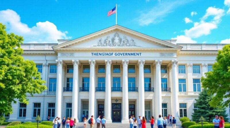 Gedung pemerintahan dengan orang-orang berdiskusi di luar.