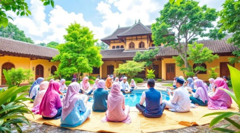 Siswa belajar di Pesantren Ikapete Karawang dengan latar belakang hijau.