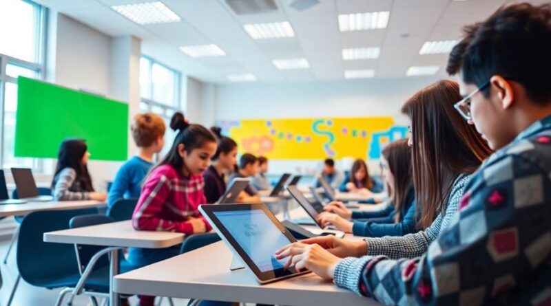 Kelas modern dengan siswa menggunakan tablet dan laptop.