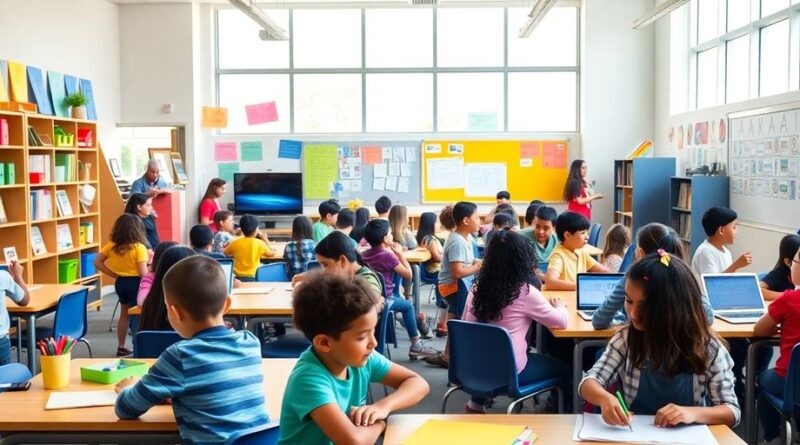 Kelas modern dengan siswa belajar bersama.