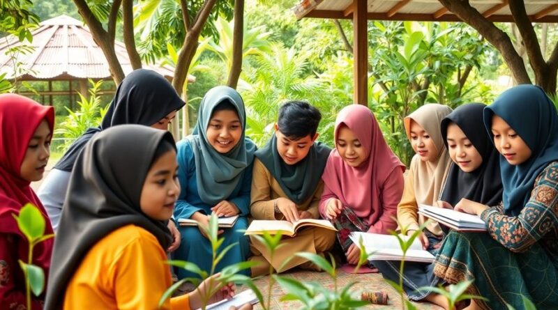 Kelompok siswa belajar bersama di pesantren.