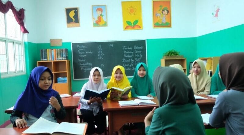 Siswa pesantren belajar di kelas dengan semangat.