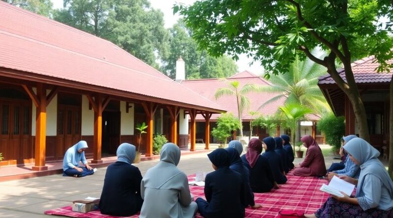 Pesantren dengan siswa belajar di luar ruangan.